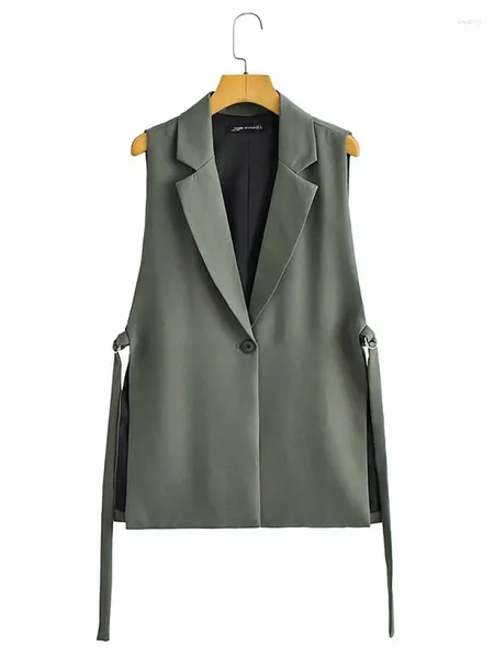 Женские жилеты, винтажный блейзер, женский повседневный пиджак без рукавов на одной пуговице, офисное женское элегантное модное пальто с боковым разрезом на шнуровке, верхняя одежда