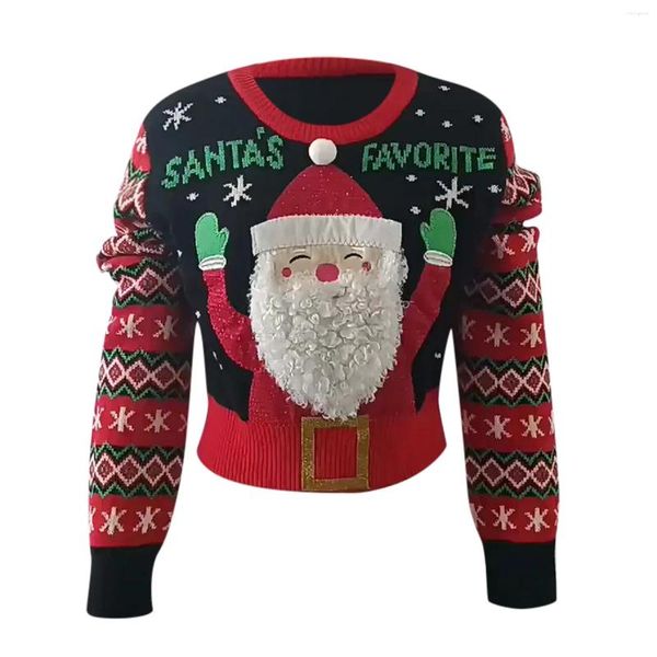 Kadın Sweaters Sevimli Komik Noel Süvari Kadınlar Noel Baba 3d Sakal Uzun Kollu Kırpılmış Jumper Külkü Siyah Kırmızı Çirkin