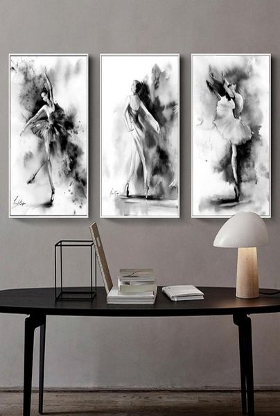 3 pçsset preto branco bailarina arte pintura moderna arte abstrata imagem ballet dança menina lona cartaz casa decor1916128