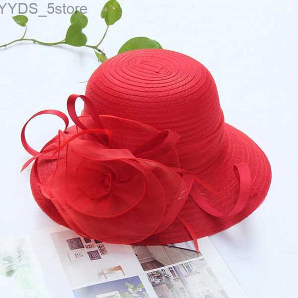 Chapéus de aba larga chapéus de balde 2023 novo elegante verão organza chapéus de sol para mulheres aba larga com flor grande chapéu fedora moda senhoras casamento igreja festa chapéu yq231116