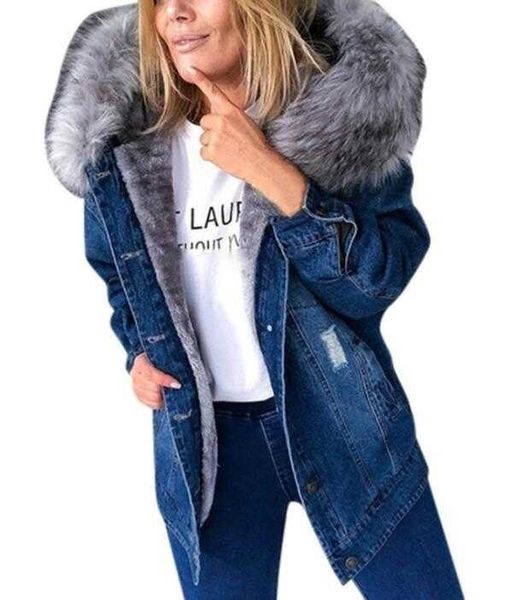 Giacca da donna Cappotto invernale caldo collo in pelliccia sintetica con cappuccio Giacca jeans oversize femminile casual 3X11S