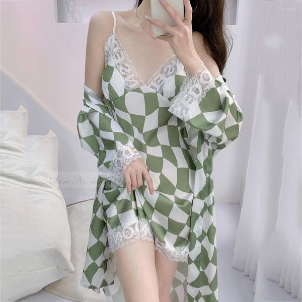 Pigiameria da donna Donna NightyRobe Set Sexy Pizzo Cinturino per spaghetti Camicia da notte Novità Stampa Plaid Primavera Estate Raso di seta Abito da casa