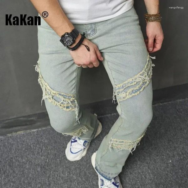 Jeans masculinos Kakan - europeu e americano micro la lama amarela para homens high street trendy tassel longo K78-8023