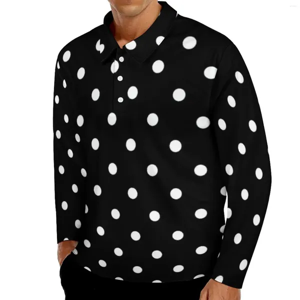 Polos masculinos vintage 80s preto branco polo camisas outono clássico bolinhas camisa casual manga comprida colarinho moda gráfico camisetas de grandes dimensões