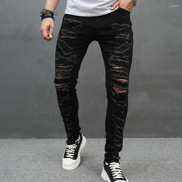 Jeans masculinos homens high street rasgado calças magras elegantes buracos masculino casual sólido magro calças jeans