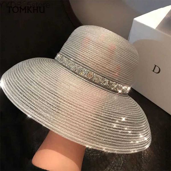 Cappelli a tesa larga Cappelli a secchiello Moda estiva Trasparente Seta Elegante Cappello da spiaggia a tesa larga Stile Hepburn Cintura con strass Cappelli da sole Donna Pieghevole Anti-UV Sole YQ231116