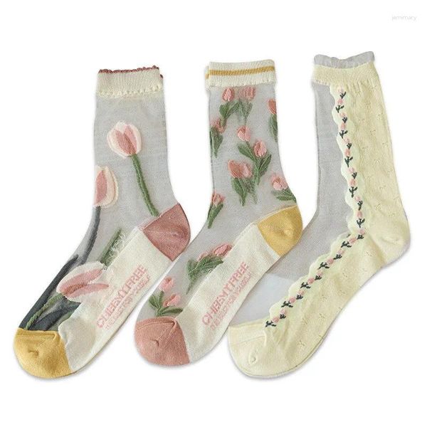 Damen-Socken, Tulpe, Frühling/Sommer, Damen-Mittelröhre, Kristallseide, dünn, transparent, bequem, Glas, süß, süß, Studentin