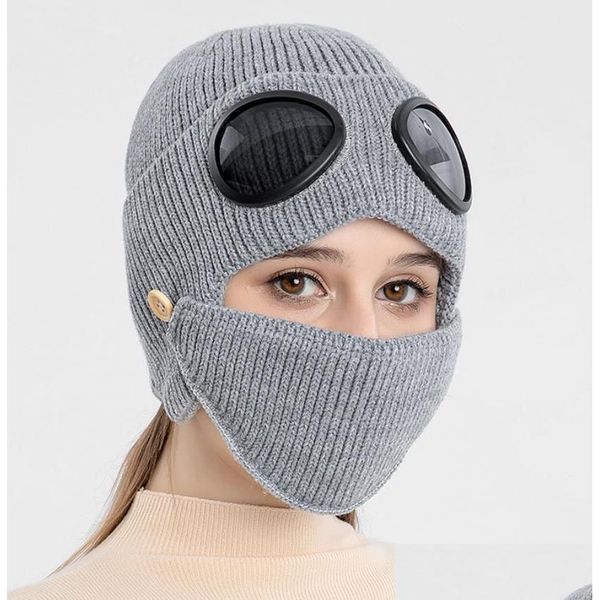 Beanie/Totenkopfkappen, Pilotenbrille, Beanie für Männer und Frauen, Skl-Kappen mit Maske, Plüsch, dicke Wollmützen, Winter, winddicht, Strickmütze, Drop Del Dhlnf