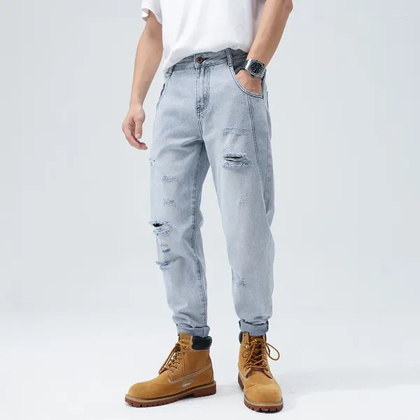 Jeans masculinos chegam verão homens rasgados slim fit stright algodão céu azul buraco calças longas calças masculinas clássicas