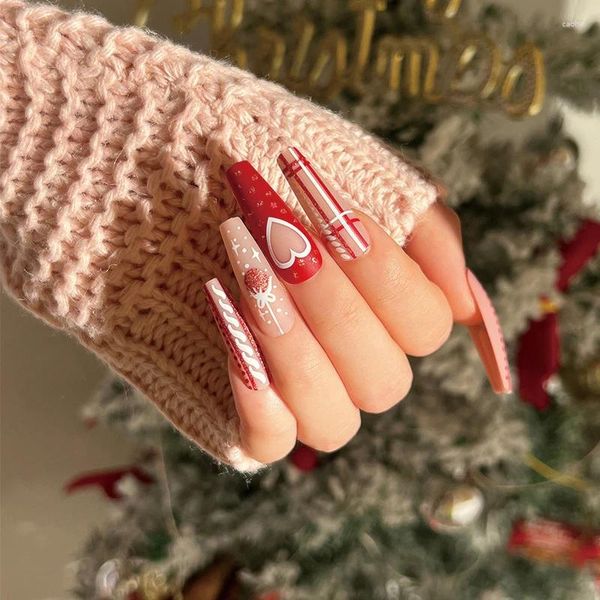 Unghie finte stampa natalizia su fiocchi di neve ballerina finta unghie lunghe acrilico manicure artificiale decorazione a copertura totale