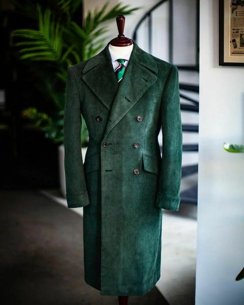 Casacos de Trench Masculinos Corduroy Entalhado Lapela Smoking Jaqueta Dupla Breasted Blazer Casaco Longo Vestido de Baile de Casamento Personalizado 231115