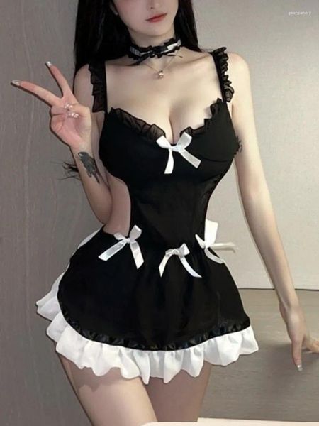 Vestidos casuais pescoço sexy empregada v mini vestido doce coreano mulheres tops 2023 lingerie uniforme feminino elegante xk8j