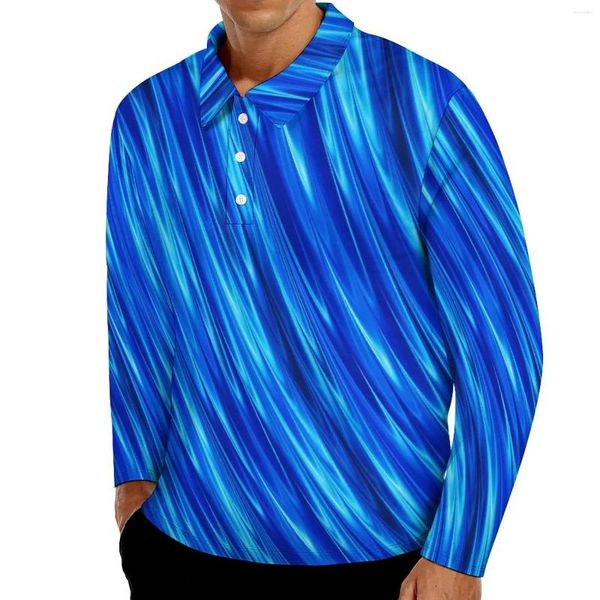 Polos masculinos onda azul casual camisa polo impressão abstrata t-shirts manga longa personalizado diário streetwear oversize topos presente