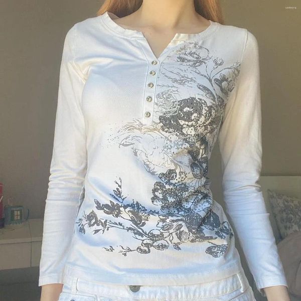 Camisetas de mujer Otoño Invierno cuello en V botón estampado Tops mujeres manga completa Floral suelta señoras Slim Fit Casual empalme Regular 2023