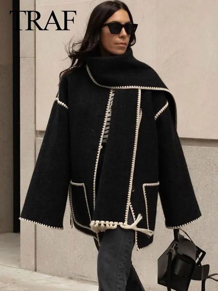 Mulheres misturas de lã TRAF casaco de inverno para mulher casaco de lã quente com lenço de borla jaquetas casuais moda vintage bolso frontal jaqueta de manga comprida 231116