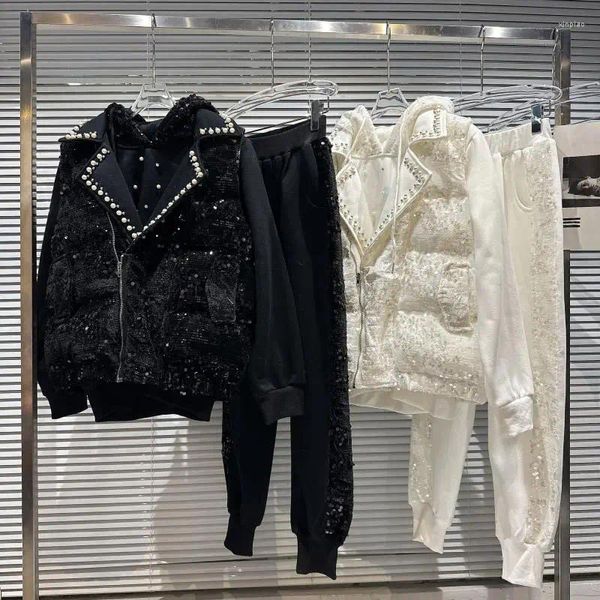 Kadınlar İki Parçalı Pantolon Sonbahar Kış Kadın Sequins hoodies ve Set 3pcs Setleri Kadın Ağır Boncuklu Traksuits Üstler Yelek Elastik Bel Takım