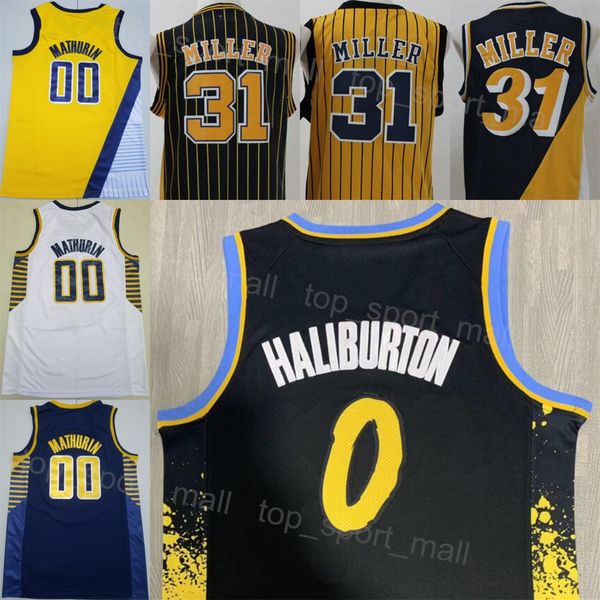 Costurado Cidade Basquete Tyrese Haliburton Jersey 0 Homens Bennedict Mathurin 00 Reggie Miller 31 Vintage Equipe Preto Azul Marinho Branco Amarelo Cor Para Fãs de Esporte Alto