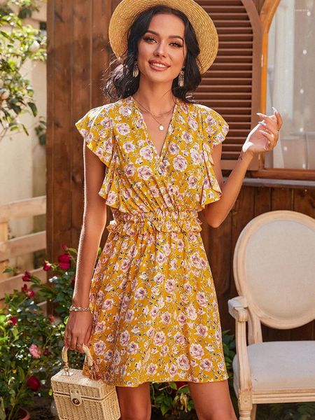 Vestidos casuais estilo boêmio verão com decote em v floral impressão franjas vestido de férias cintura elástica rendas manga borboleta curto vestido de verão