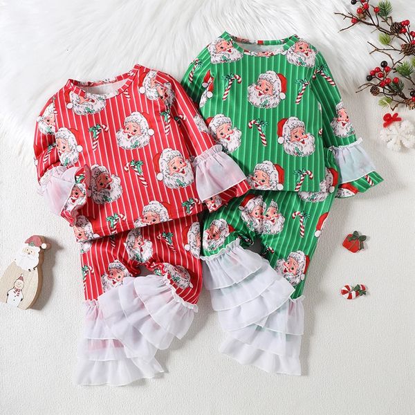 Macacão 2 PCS SpringSummer Bebê Meninas Conjunto de Natal Papai Noel Stripe Cartoon Imprimir Top Flanela Calças Lounge 231115