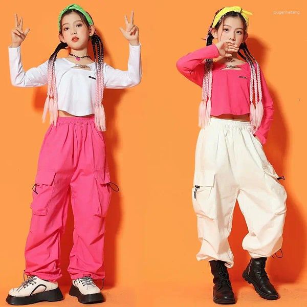 Conjuntos de roupas crianças adolescentes meninas manga longa camiseta calças de carga crianças streetwear hip hop jazz dança palco roupas trajes treino