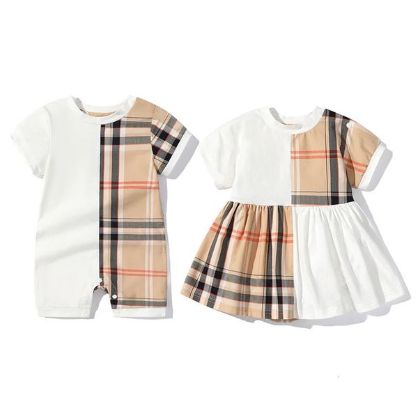 Комбинезоны для маленьких мальчиков и девочек, клетчатый комбинезон, хлопковое платье с короткими рукавами, детский комбинезон на весну и осень, детская одежда 231115