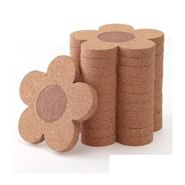 Tapetes Pads Cork Coasters Bebidas Coaster Reutilizável Natural 4 Polegada Flor Forma Madeira para Desk Drop Delivery Home Garden Kitchen, Jantar Dh9Dr