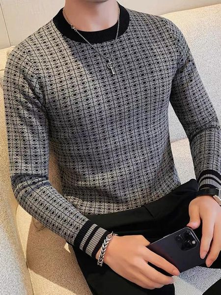 Мужские свитера, свитер для мужчин, вязаный свитер с круглым вырезом, геометрический контрастный принт по всей поверхности, мужской пуловер, Pull Homme