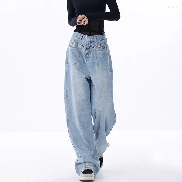 Kadınlar kot wcfcx stüdyosu Kore tarzı elmas mavi sonbahar yüksek bel, harajuku sokak tasarımı gevşek takma geniş bacak pantolon