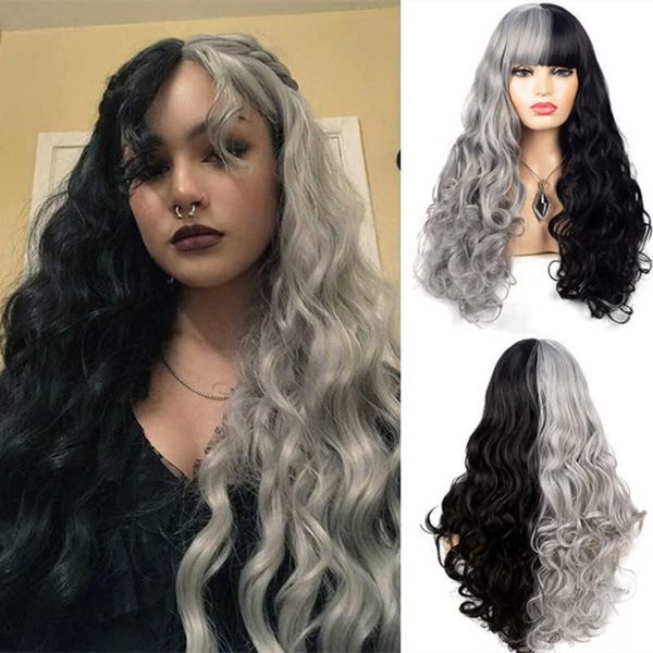 Anime feminino pele falsa preto e branco urso cosplay peruca preto e cinza cor combinando cabelo longo encaracolado com franja e touca de cabelo de fibra sintética