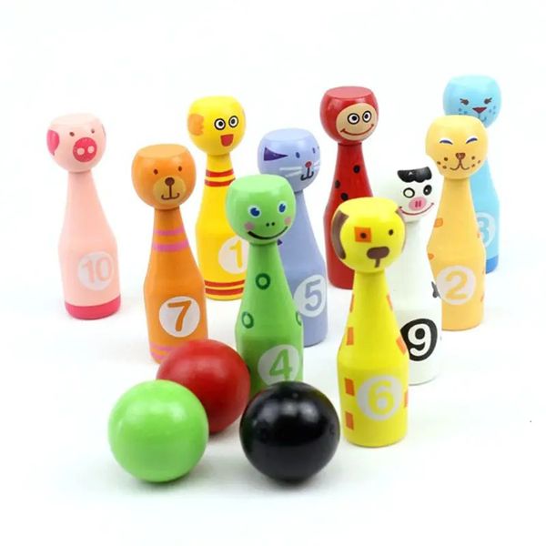 Set da bowling 13 pezzi Set in legno 10 birilli 3 palline Gioco animali per bambini XXUF 231115