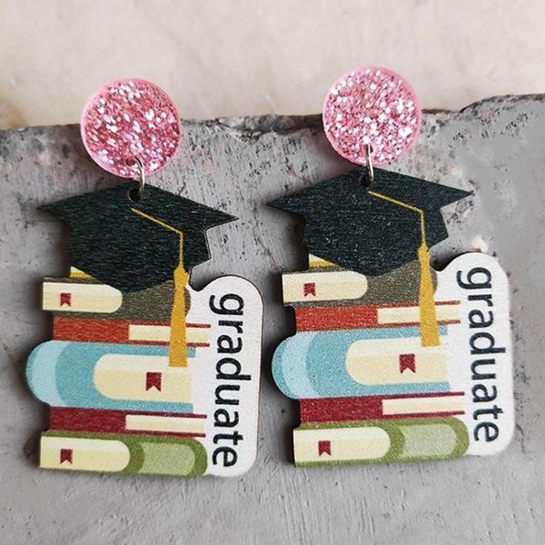 Baumelnde Ohrringe 2023 Holz Graduate Cap Happy Last Day Of School Print Holz Lehrer Geschenke für ihren Schmuck Großhandel