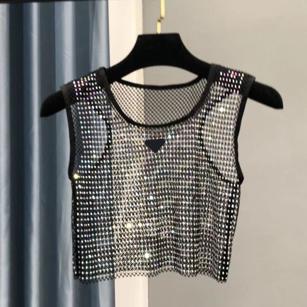 Frau Weste Shirts Net T Shirt Ärmellose Tank Aushöhlen Kristall Diamant Weibliche Dünne Westen T-shirts Shirts Tops S-L