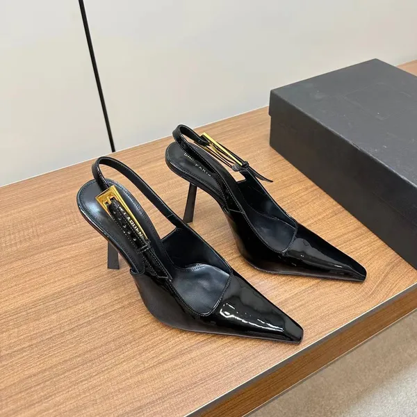 Lee 110 mm schwarze Slingback-Pumps aus Lackleder mit goldfarbener Schnalle und Stiletto-Absätzen für Damen, Slip-On-Schuhe mit hohen Absätzen, Luxus-Designer-Abend-Party-Kleiderschuhe, Fabrikschuhe