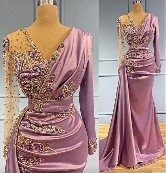 Meerjungfrau hellviolette Abendkleider tragen reine v Hals Kristall Perlen Langarme formelle Prom Party zweite Rezeption Spezielle OCN -Kleider