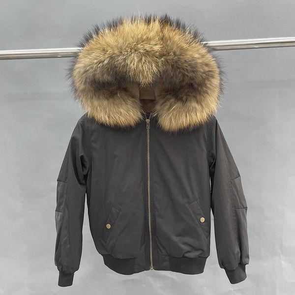 Bomber in misto lana da donna Donna Nero Inverno caldo Vera pelliccia di procione Parka con cappuccio con fodera sintetica Cappotti Donna 231115