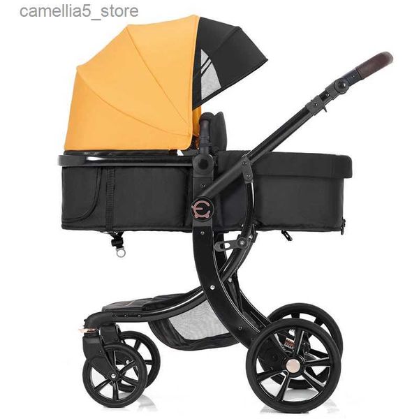 Carrinhos # Novo carrinho de bebê de luxo 3 em 1 portátil alta paisagem carrinho de luxo Yeollow Travel Pram Pushchair ajustável berço de bebê Q231116
