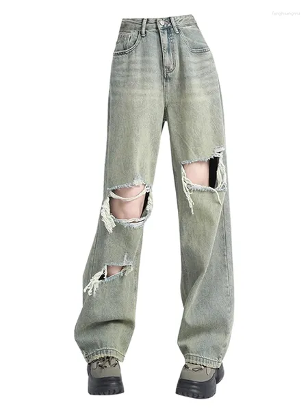 Jeans da donna Donna American Vintage Cyber Strappato Pantaloni in denim con buco Baggy Pantaloni lunghi Baddie Y2k Streetwear Anni 2000 Moda estetica