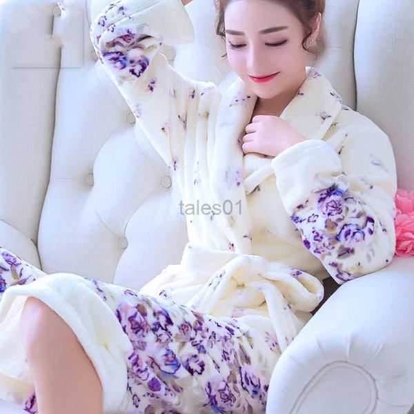 Kadın Uyku Salonu Kadınlar Cüppeler Kış Sıcak Mercan Polar Nightdress Placowe Good Pijamalar Ev Kıyafetleri Çiçek Pansuman Gron Kimono Otel Boşluk ZLN231116