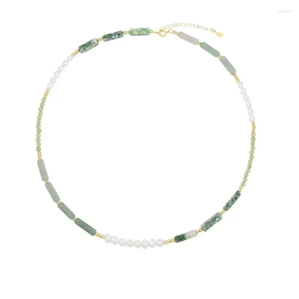 Collana lunga di perle corte naturali fatte a mano in stile cinese tradizionale con pietra verde