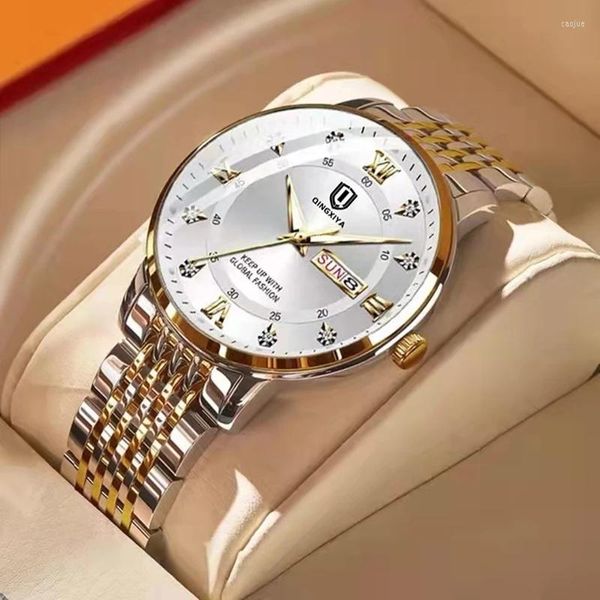 Armbanduhren QINGXIYA 2023 Herrenuhren Leuchtende Hände Wasserdichter Luxus vergoldeter Edelstahl Quarzuhr Modegeschäft