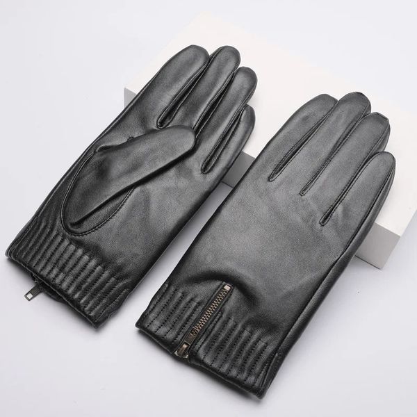 Cinco Dedos Luvas Luvas De Couro Genuíno Masculino Real Pele De Carneiro Preto Espessamento Luvas De Pele Tela Toque Com Zíper Inverno Quente Mittens G617 231115