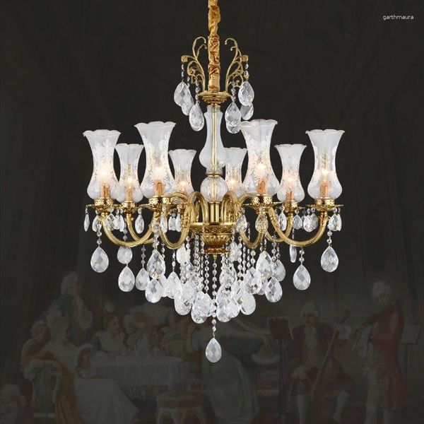Lustres Style européen cuivre cristal lustre français luxe Villa El salon décoratif en laiton verre LED pendentif lumières