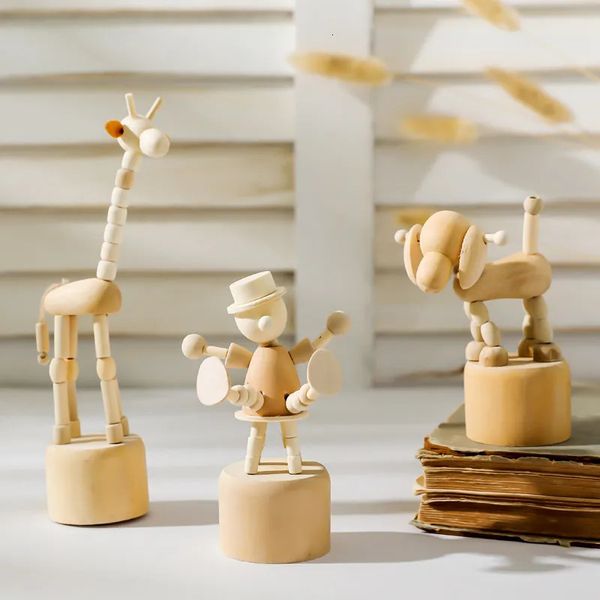 Oggetti decorativi Figurine Cartoon opere d'arte in legno pupazzo mobile desktop figurine Ornamenti pagliaccio cavallo giraffa cane statua artigianato giocattolo regali casa 231115