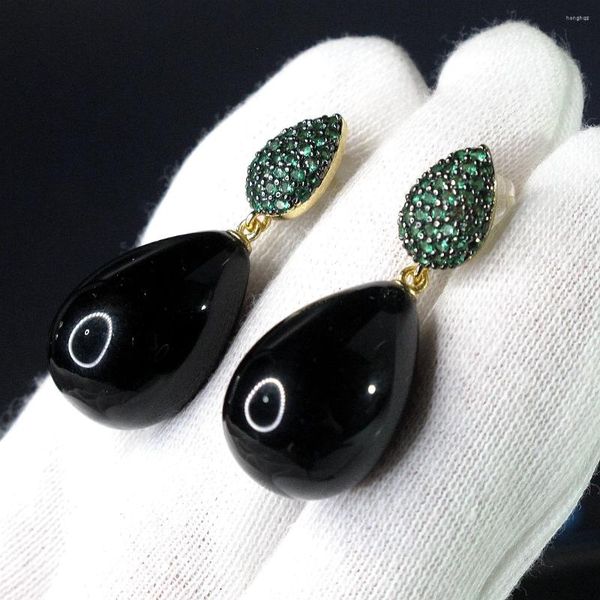 Orecchini pendenti Donna Goccia d'acqua Perla di agata nera appesa con pietra naturale Verde zircone cubico pavimentato Gioielli placcati oro 14 carati