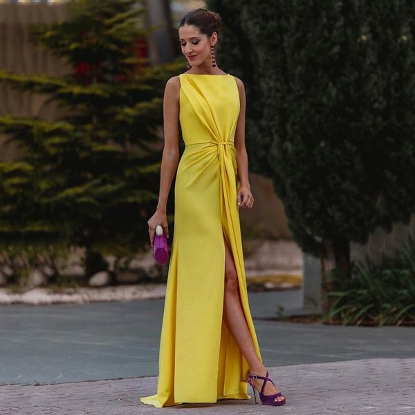 Ouro amarelo formal vestido de noite barco pescoço arábia sem mangas vestido de celebridade fenda lateral plissado flores vestido de festa de baile robe soiree