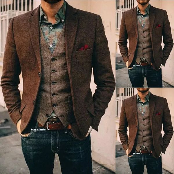 Erkekler Suits Blazers Suit Kahverengi Balıksaya Blazer Prom Smokin Tweed Single Breated İki Düğme Bussiness Düğün Ceket Sadece 231116