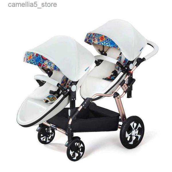 Passeggini # 2023New Luxury passeggino gemellare telaio in alluminio PU pelle carrozzina gemellare il bambino può sedersi e sdraiarsi doppio passeggino carrozzina Q231116