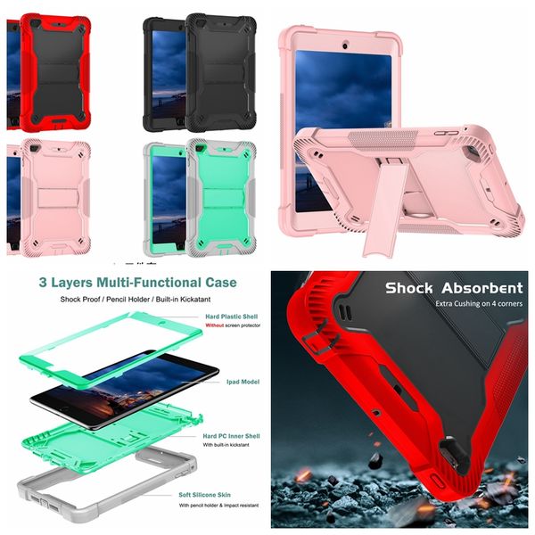 Hibrit Katman Defender IPad Mini 6 5 4 Mini6 Mini5 Mini4 Sert Plastik PC Yumuşak Silikon 3 1 Katmanlarda Kickstand Tutucu Etkisi Ön Arka Kapak Cilt