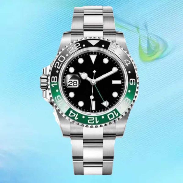 Rolaxs Luxo Masculino Designer Relógio Mecanismo Automático 40mm 904l Aço Inoxidável Pulseira de Borracha Vidro Safira Hombre Gmt 2813 Movimento À Prova D 'Água Anel Preto Verde