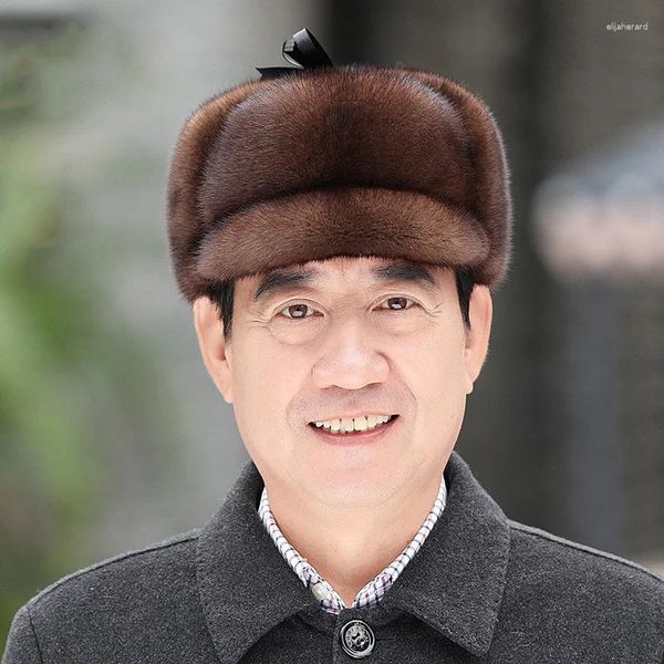 Мужские зимние береты из норки, повседневные утолщенные береты Lei Feng, уличные холодные и теплые шапки из натурального меха для стариков, 2023